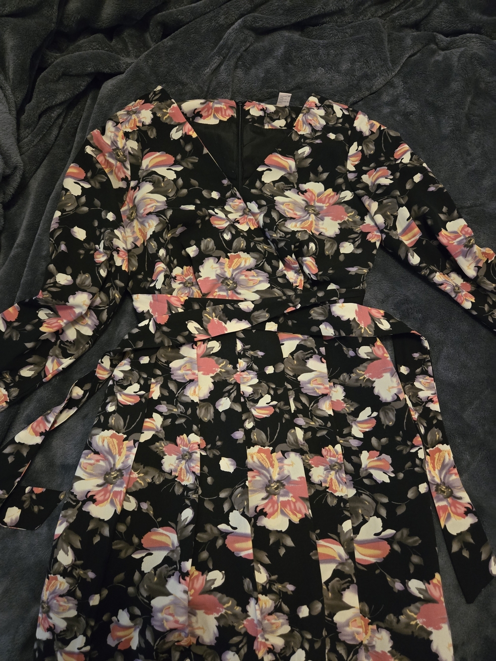 Forever 21 Black Floral Long Sleeve Wrap Maxi Dress with Pink and Cream Blooms